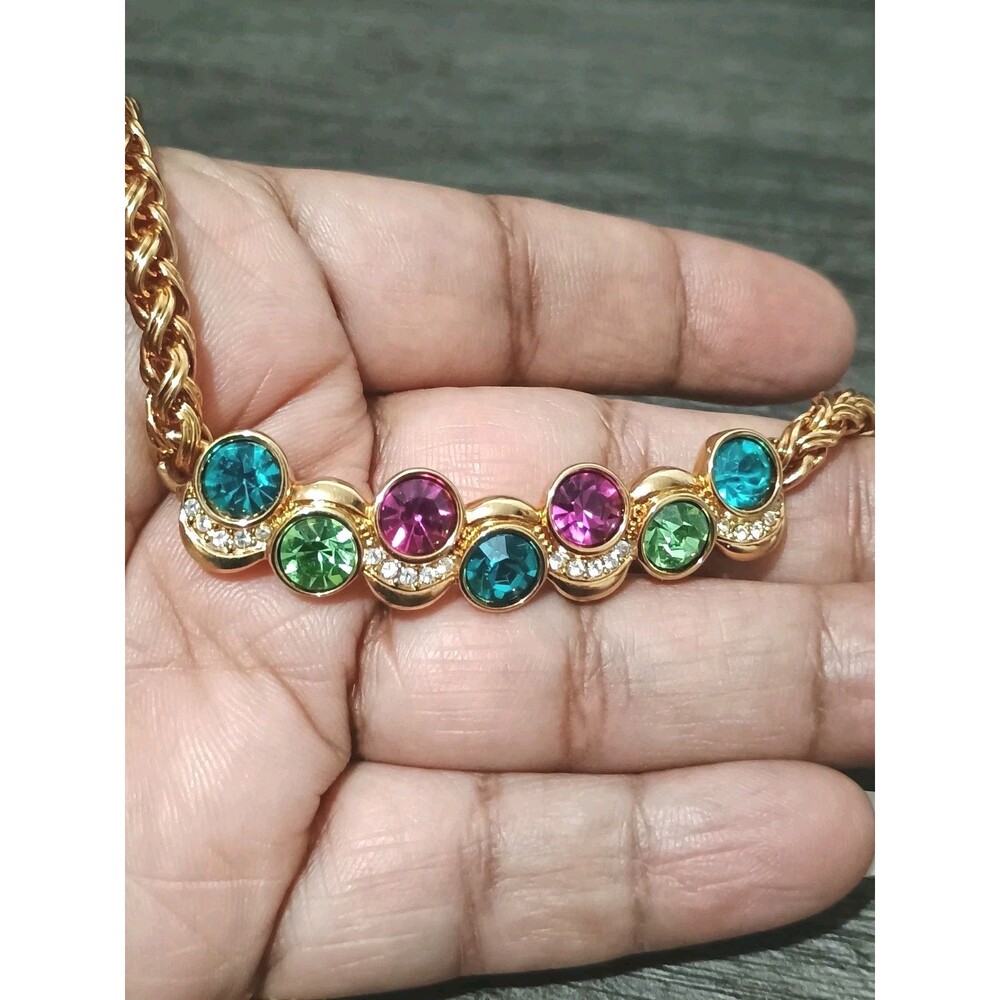 Swarovski Signed Multicolor Crystal Bar Pink Green Gold Tone Vintage Necklace